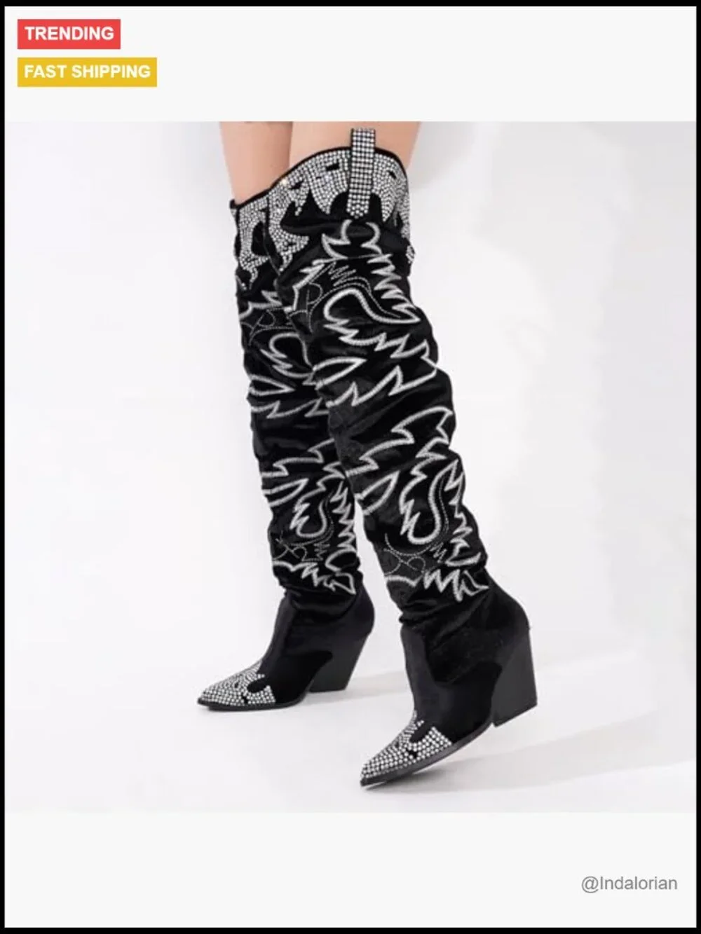 Rhinestone Embroidered Cowboy Boots Thigh High Slouchy Wide Calf Over the Knee